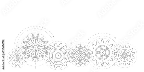 Technical drawing of gears .Rotating mechanism of round parts .Machine technology. Vector illustration.	 photo