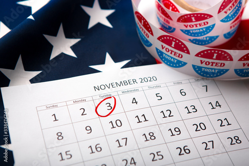 Calendar With Election Day 2020 in the USA, flag of America photo