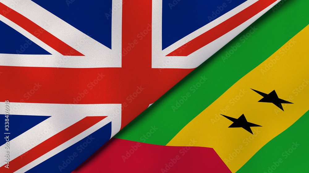 The flags of United Kingdom and Sao Tome and Principe. News, reportage, business background. 3d illustration The flags of United Kingdom and Sao Tome and Principe. News, reportage, business background. 3d illustration