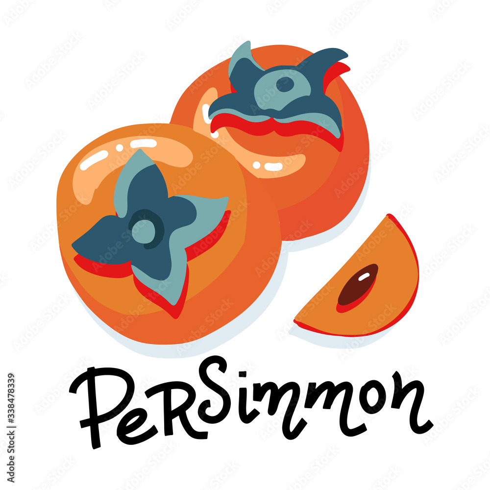 Set with whole persimmons and slice and hand drawn lettering text. Flat vector illustration