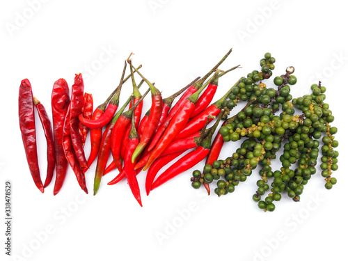 Top view of herbs and spices with top frame of red hot chilli pepper and dried chili and fresh green peppers isolated on white background.