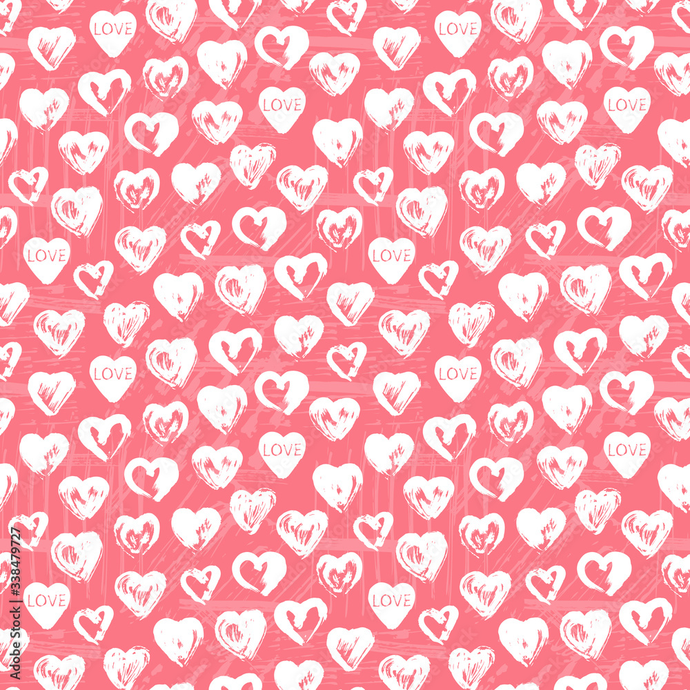 Valentine's Day Background. Grunge Hearts Paint Brush Strokes Vector Seamless Pattern. Love.

