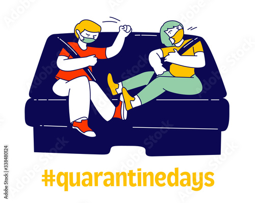 Little Boys Characters Quarrel and Fight during Quarantine Days at Home. Naughty Hyperactive Children Fighting and Arguing. Stay Home Kids Aggressive Baby Behaviour. Linear Vector People Illustration