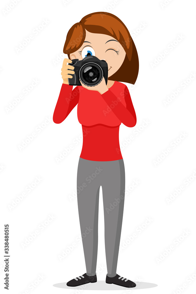 Photographer woman holding a reflex camera in her hands on a white. Character Photographer woman holding a reflex camera in her hands on a white. Character