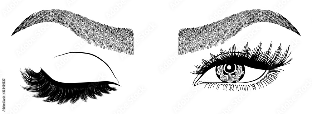Illustration with woman's eye wink, eyebrows and eyelashes. Makeup Look. Tattoo design. Logo for brow bar or lash salon. Illustration with woman's eye wink, eyebrows and eyelashes. Makeup Look. Tattoo design. Logo for brow bar or lash salon.