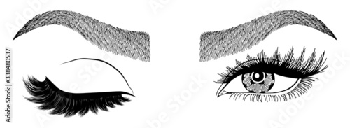 Illustration with woman's eye wink, eyebrows and eyelashes. Makeup Look. Tattoo design. Logo for brow bar or lash salon.