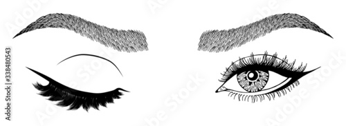 Illustration with woman's eye wink, eyebrows and eyelashes. Makeup Look. Tattoo design. Logo for brow bar or lash salon.