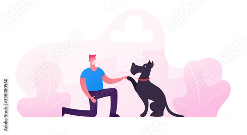 Man in Medical Mask Playing with Dog on Street in Park Having Leisure with Pet. Male Character Spend Time with Domestic Animal at Covid 19 Pandemic, Quarantine Lifestyle. Cartoon Vector Illustration