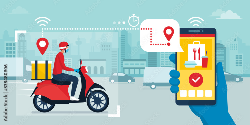 Safe fast food delivery app and delivery man Safe fast food delivery app and delivery man