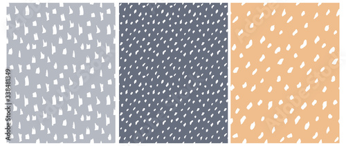 Funny Abstract Spots Seamless Vector Patterns. White Irregular Freehand Brush Lines on a Graphite, Blue and Orange Background. Simple Infantile Style Geometric Print ideal for Fabric, Textile.
