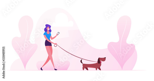 Woman Walking with Dog Outdoors at Covid 19 Quarantine. Female Character Spending Time with Dachshund Pet in Park Relaxing, Leisure with Puppy, Communicating with Animal. Cartoon Vector Illustration