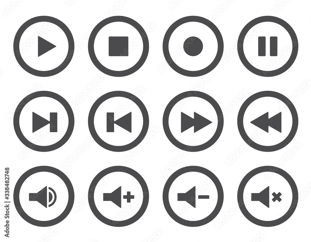 Music or video player icon set. Play, pause, stop, record and next buttons. Music or video player icon set. Play, pause, stop, record and next buttons.