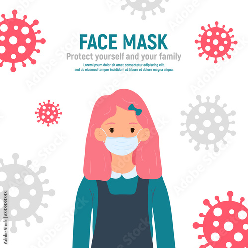 Girl with medical mask on face to protect her against coronavirus covid-19, 2019-nCov isolated on white background. Kids virus protection. Stay safe. Vector illustration