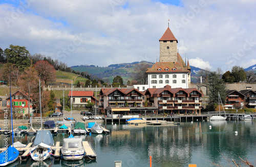 Spiez harbour, Spiez Castle and Lake Thun. The town is located on the southern shore of Lake Thun. Switzerland, Europe.