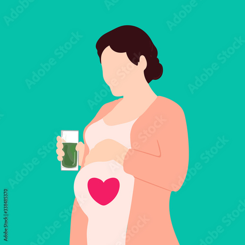 Pregnant woman. Vector illustration of young woman drinking healthy food and waiting for baby. Flat design.	