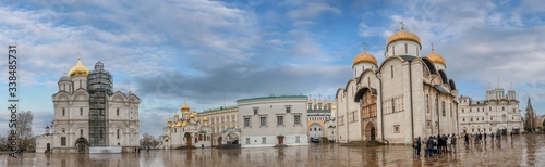 Panorama of Cathedral square Kremlin, Moscow, Russia. Assumption Cathedral, the Church of Twelve Apostles, Faceted Chamber, Annunciation Cathedral and Ivan the Great Bell Tower