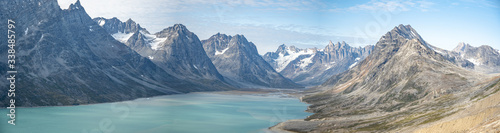 Very wide panoramic view of a fjord in Greenland