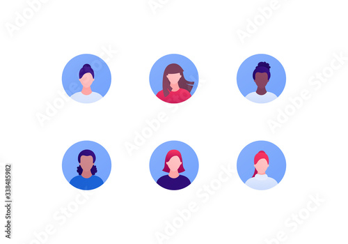 People character avatar template collection. Vector flat person illustration. Set of muiltiethnic female faces in circle. Black african american, hispanic, caucasian ethnic. Design for web app, ui
