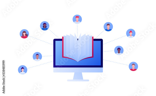 Online education concept. Vector flat illustration. Computer screen with open book sign. People avatar symbols. Design for internet library, online course, conference banner, poster.