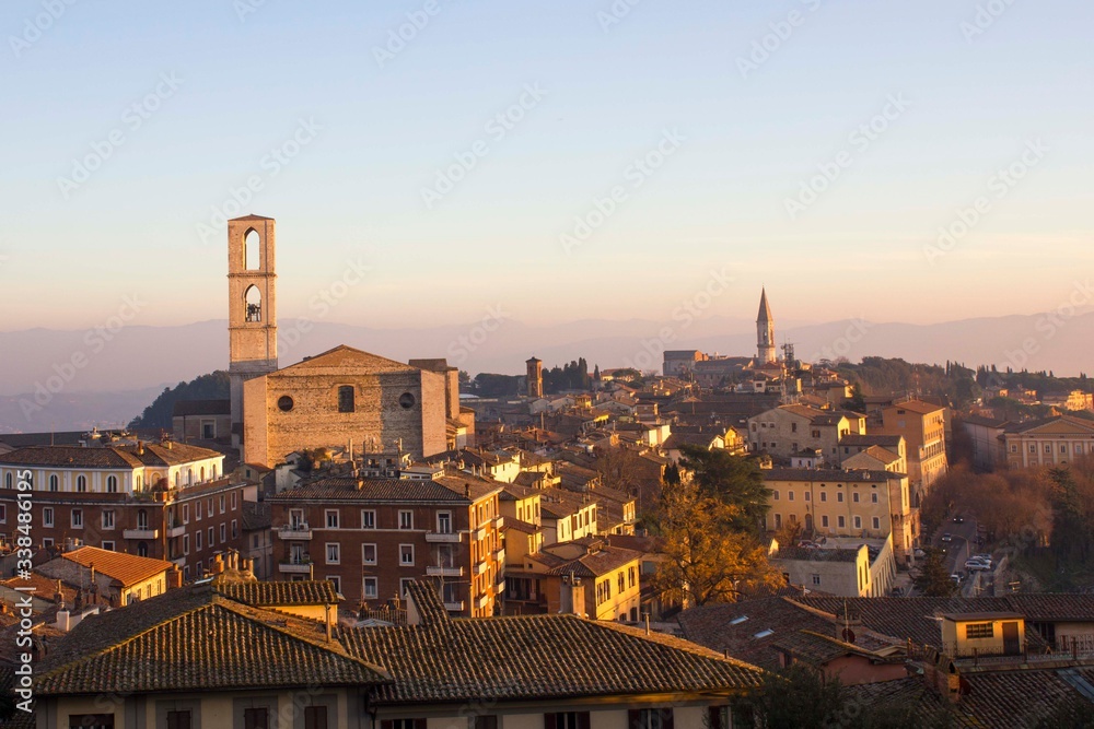 landscape view of Perugia city with its San Domenico church belfry