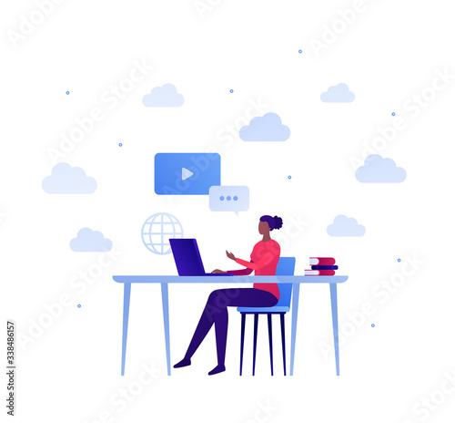 Online education concept. Vector flat person illustration. Female student sitting at desk study laptop computer. Design for webinar, online training course, conference banner, poster, infographics