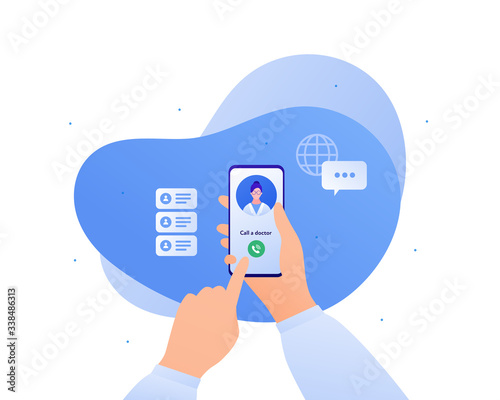 Medicine and telehealth concept. Vector flat person illustration. Hands holiding smart phone with telemedicine app. Patient call to female doctor. Design for medicine banner, poster, infographics.