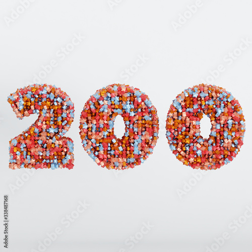 Number 200 3D Text Illustration, Digits With Pink And Sky Colors Stars, 3D Render In 4K Resolution, Isolated On White Background, With Shadow ..