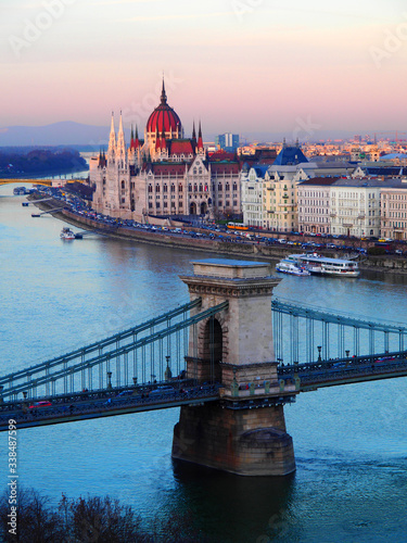 View of the Szechenyi Chain Bridge at sunset in Budapest, Hungary. © miff32