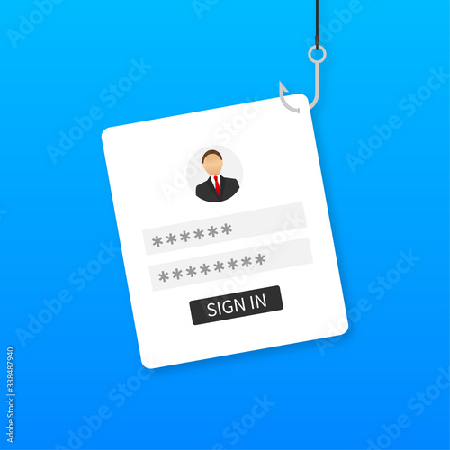 Data Phishing with fishing hook, mobile phone, internet security. Vector stock illustration.