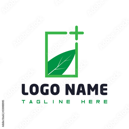 Leaf logo with plus sign. Leaf and plus icon. Green logo