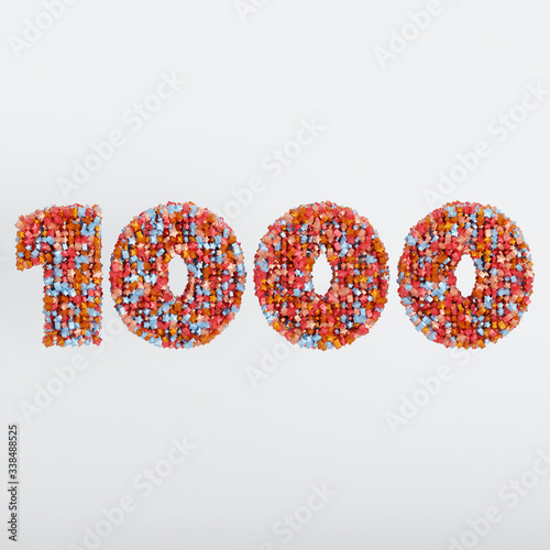 Number 1000 3D Text Illustration, Digits With Pink And Sky Colors Stars, 3D Render In 4K Resolution, Isolated On White Background, With Shadow ..