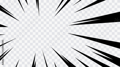 Abstract comic book flash explosion radial lines on transparent background. Vector illustration superhero design. Bright black light strip burst. Flash ray blast glow. Speed lines Manga frame. Anime.
