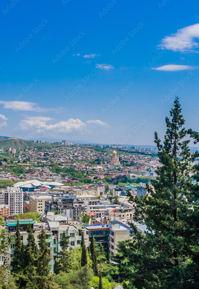 Panoramic view of Tbilisi city from  funicular to the Mt Mtatsminda, old town and modern architecture.  Georgia