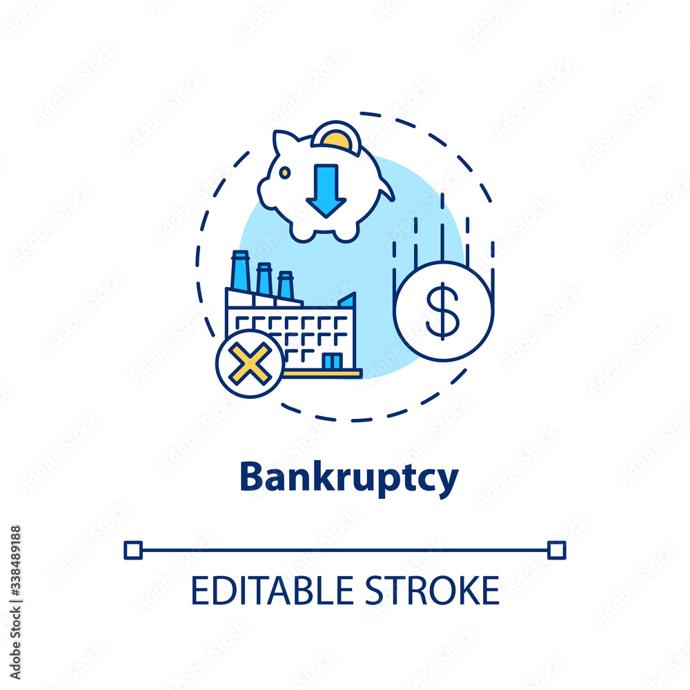Bankruptcy concept icon. Business collapse, corporate crisis idea thin line illustration. Legal entity, company debt repayment inability. Vector isolated outline RGB color drawing. Editable stroke Bankruptcy concept icon. Business collapse, corporate crisis idea thin line illustration. Legal entity, company debt repayment inability. Vector isolated outline RGB color drawing. Editable stroke