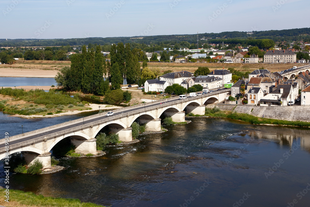 Fototapeta premium Bridge over the Loire River, Loire Valley - Europe, France, shot from Amboise, Amboise Castle, Chateau d' Amboise, Castle - August 2015
