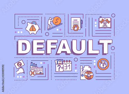 Default word concepts banner. Financial emergency, debt repayment failure. Infographics with linear icons on purple background. Isolated typography. Vector outline RGB color illustration
