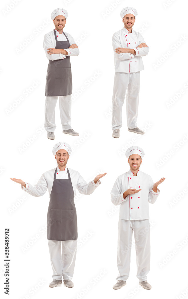 Set with handsome male chef on white background