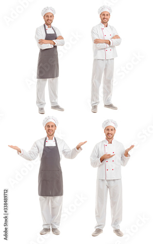 Set with handsome male chef on white background