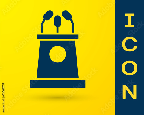 Blue Stage stand or debate podium rostrum icon isolated on yellow background. Conference speech tribune.  Vector Illustration