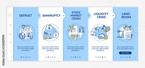 Economic crisis onboarding vector template. Default, land boo, bankruptcy, stock market crash. Responsive mobile website with icons. Webpage walkthrough step screens. RGB color concept