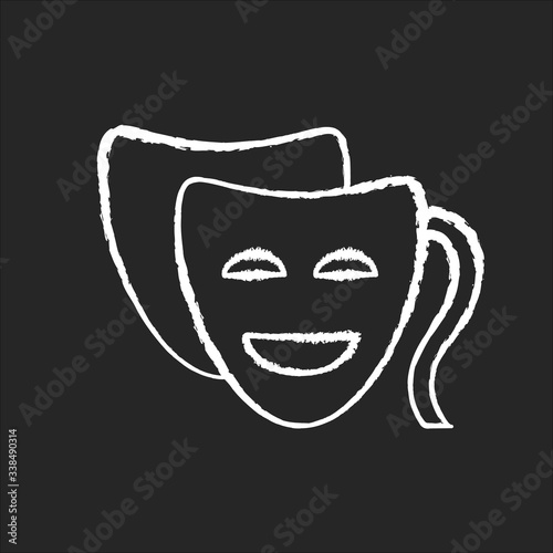 Comedy chalk white icon on black background. Funny movie, humorous film, classic theater. Popular filmmaking genre, entertaining cinematography. Comedy mask isolated vector chalkboard illustration