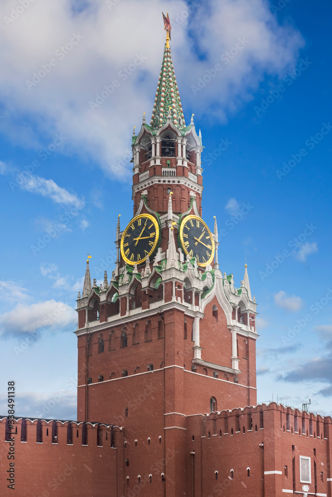 Spasskaya tower (Bashnya) or Saviour Tower of the Kremlin with the clock on the Red Square in Moscow, Russia Spasskaya tower (Bashnya) or Saviour Tower of the Kremlin with the clock on the Red Square in Moscow, Russia