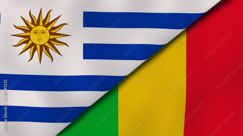 Fototapeta premium The flags of Uruguay and Mali. News, reportage, business background. 3d illustration
