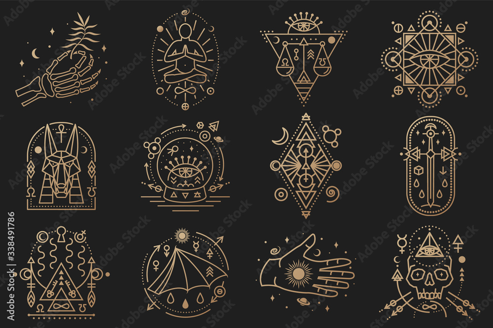 Esoteric symbols. Vector. Thin line geometric badge. Outline icon for  alchemy, tarot cards, sacred geometry Mystic, magic design with stars,  skull, gate to another world, moon, human skeleton hand Stock Vector