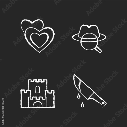 Popular movie types chalk white icons set on black background. Romantic films, detective mystery, fantasy and thriller. Different cinematography genres. Isolated vector chalkboard illustrations