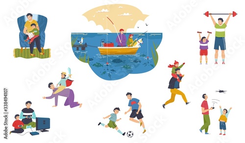 Father and son spend time together, happy people isolated set, cartoon character vector illustration. Parent and kid fun leisure, dad plays with son. Father enjoys family weekend, man fishing with boy
