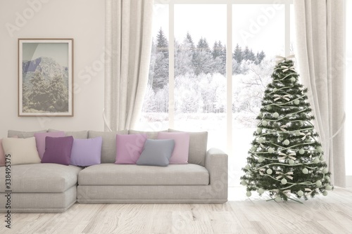 Winter new year interior of living room with sofa. Scandinavian design. 3D illustration © AntonSh