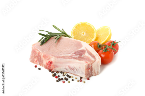 Raw meat for steak and ingredients isolated on white background