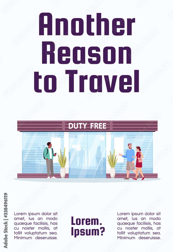Another reason to travel poster template. Duty free shop in airport terminal. Commercial flyer design with semi flat illustration. Vector cartoon promo card. Airline services advertising invitation