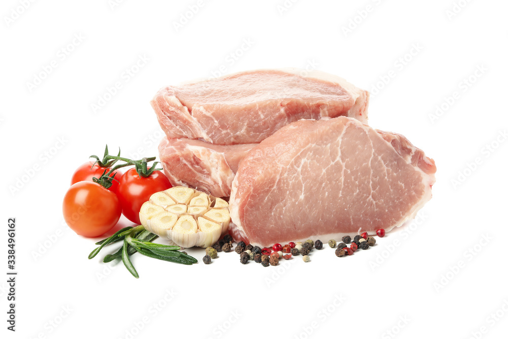 Raw meat for steak and ingredients isolated on white background Raw meat for steak and ingredients isolated on white background